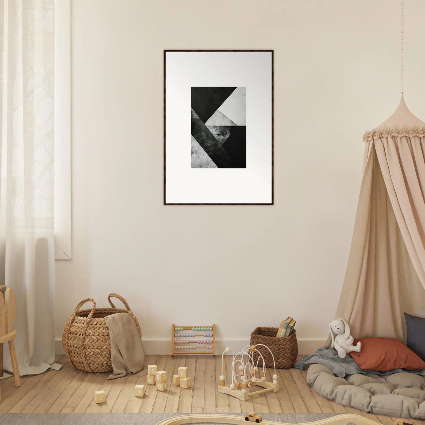 Framed black and white abstract geometric canvas print for stylish room decoration