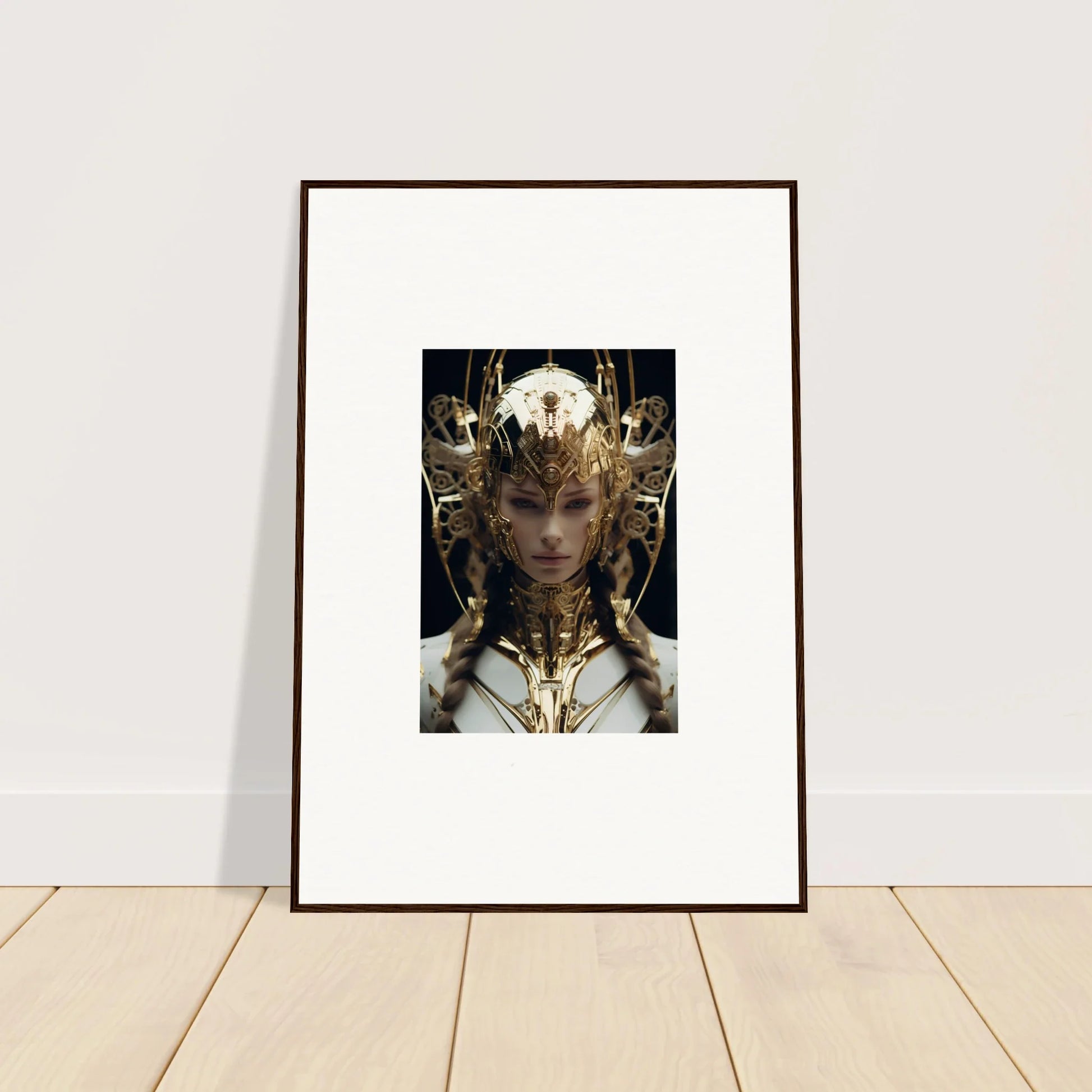 Framed artwork of Future Opulence Rewoven with surreal portrait and golden mechanics