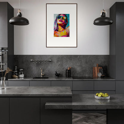 Modern kitchen with dark cabinets and a vibrant canvas print for room decoration