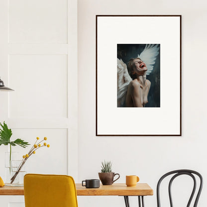 Framed wall art of a person with feathered wings, perfect for room decoration