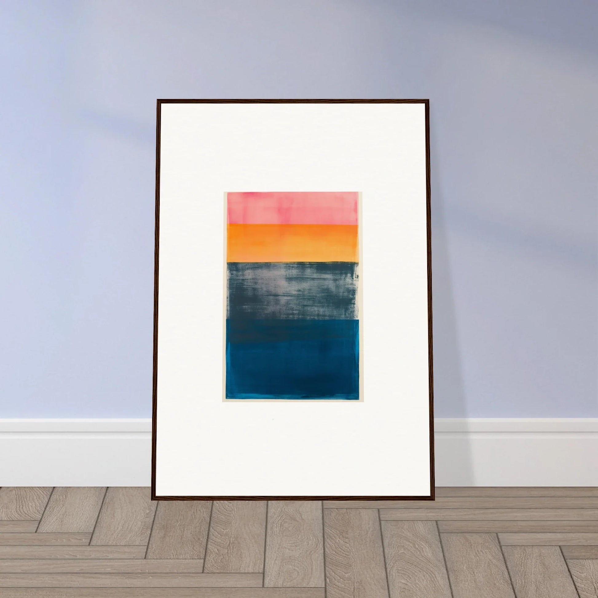 Framed abstract canvas print featuring blue frequencies in pink, orange, and gray blocks