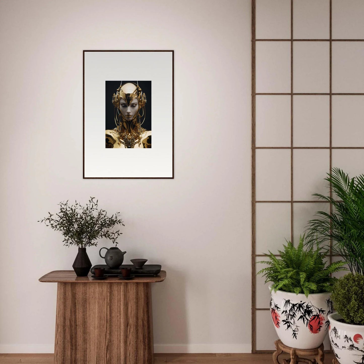 Framed portrait of a figure in ornate golden headdress for chic Room Decoration