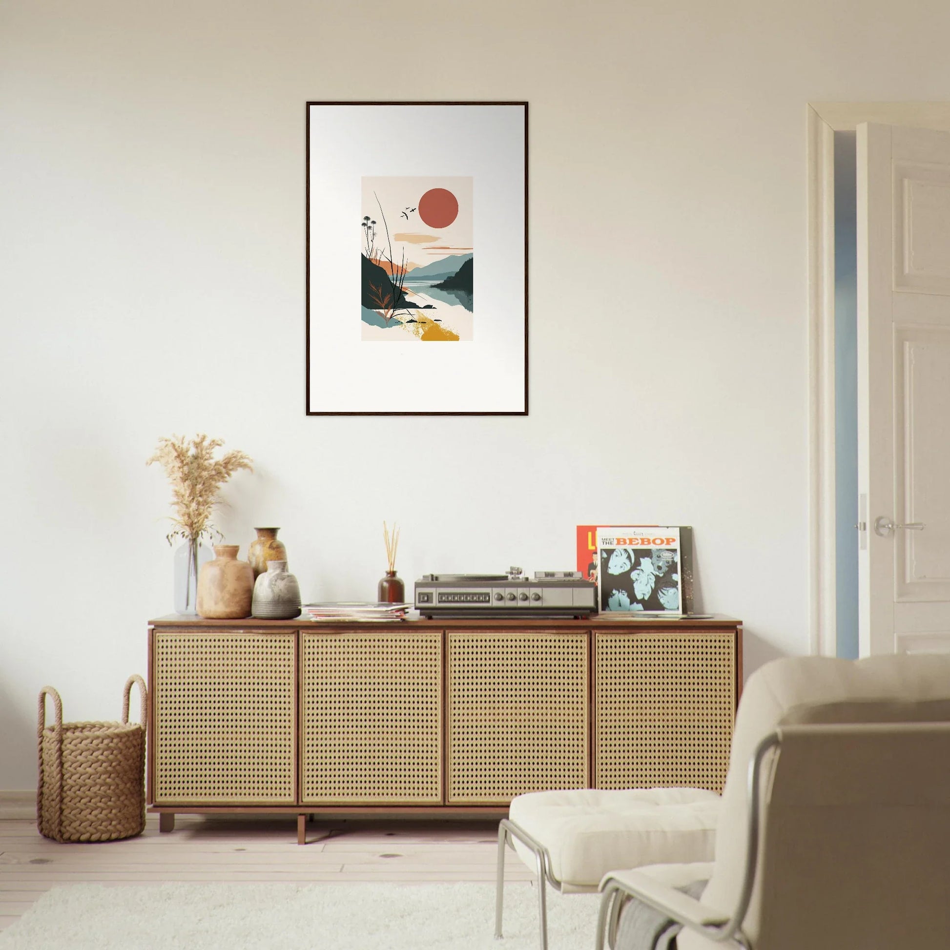 Wooden sideboard with cane doors and decor, perfect for your Sunrise Unfurled room decoration