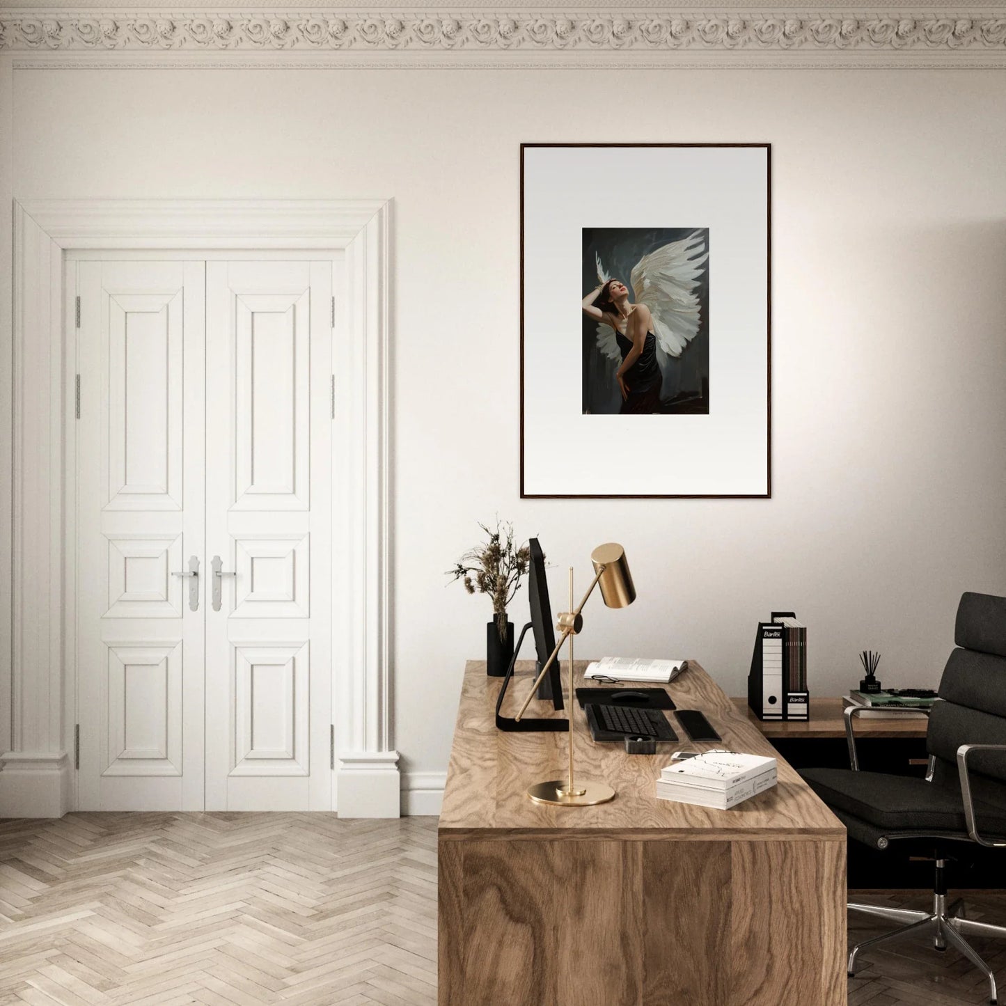 Wooden desk with typewriter and books for a stylish Femme Ascent room decoration