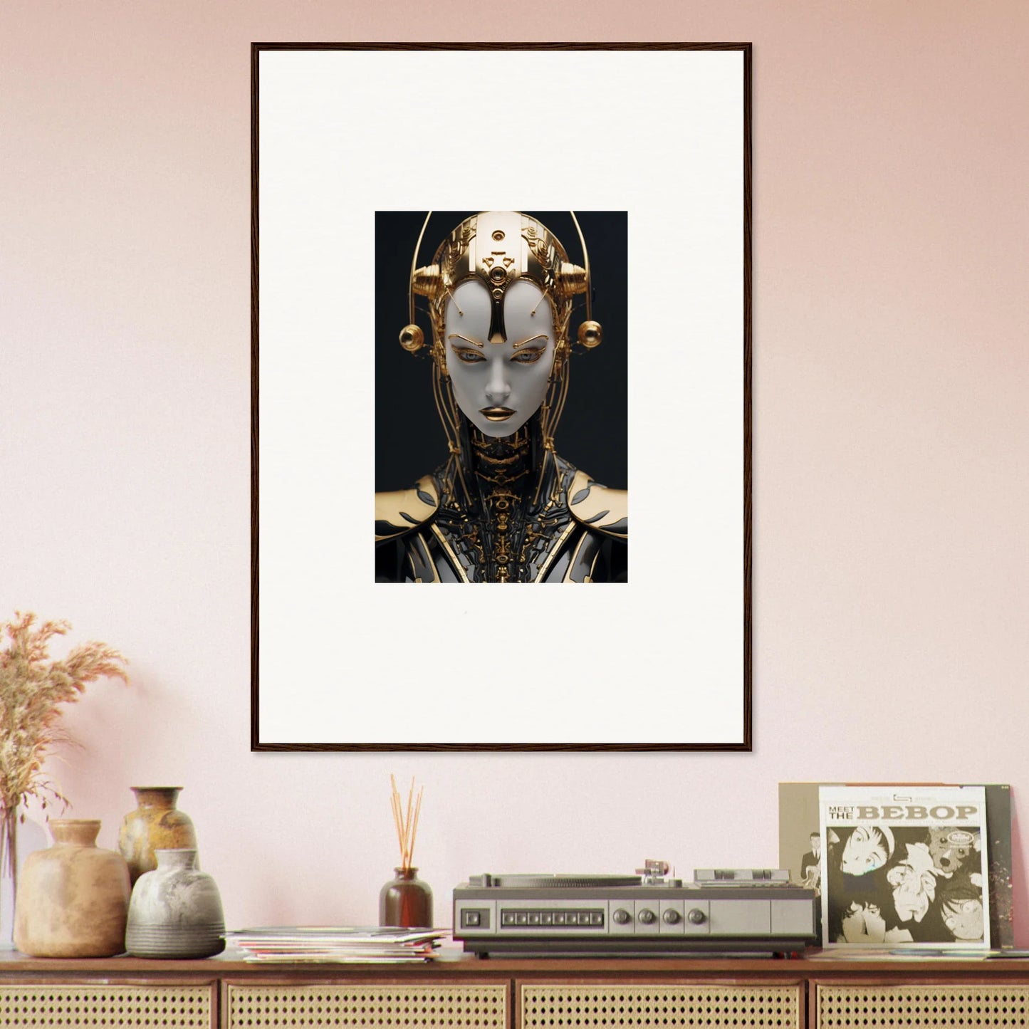 Framed canvas print of a golden face art for unique room decoration