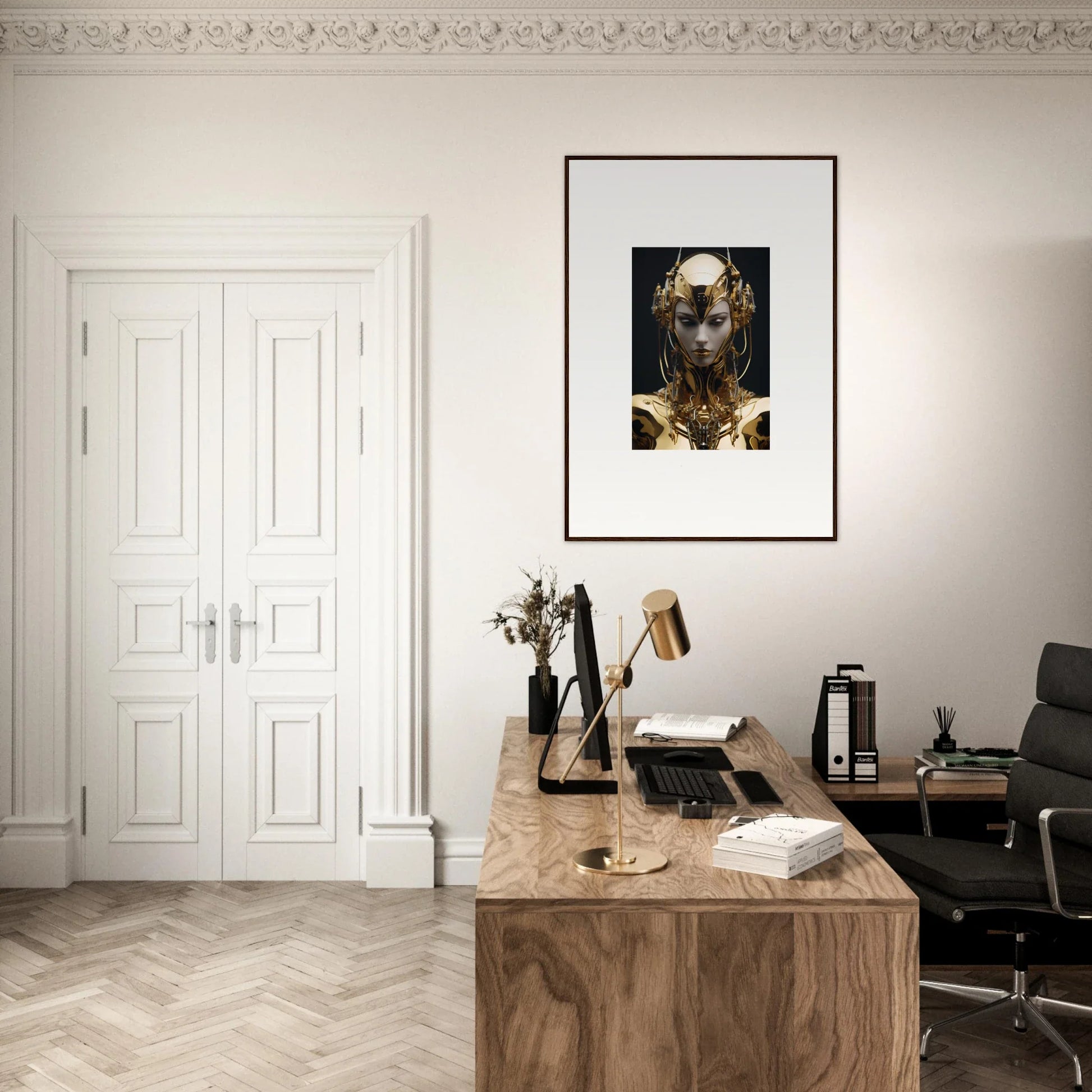 Elegant home office with wooden desk and Chirping Inventrix canvas print decor