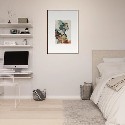 Minimalist bedroom featuring white walls and a canvas print of Reverie Blossom