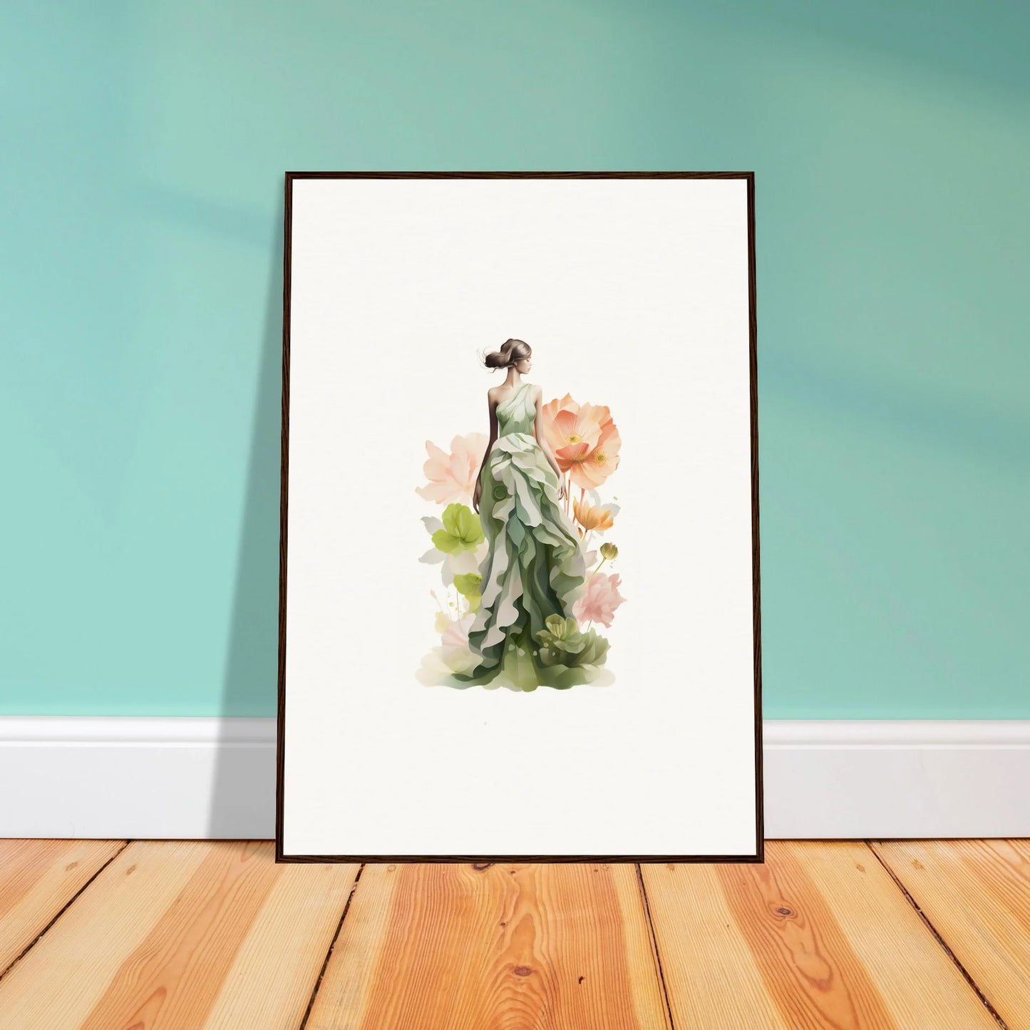 Framed watercolor of a woman in green dress, perfect for spring symphony room decoration