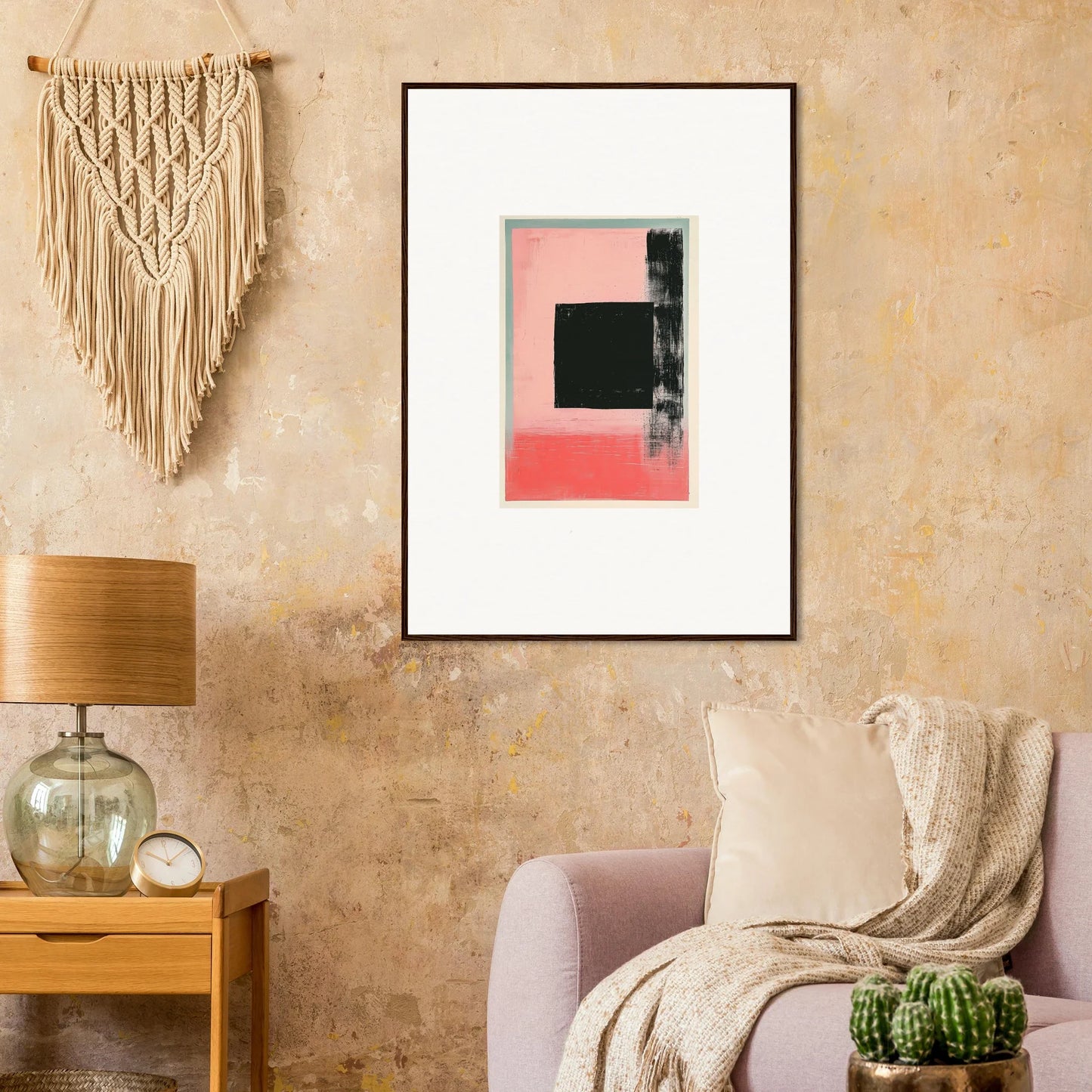 Framed abstract canvas print of Elysian Frenzy with pink, black, and white shapes for room decoration