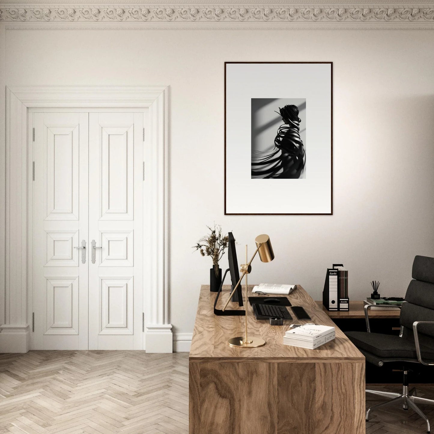 Elegant home office with wooden desk, framed artwork, and stylish ribbon shares decor