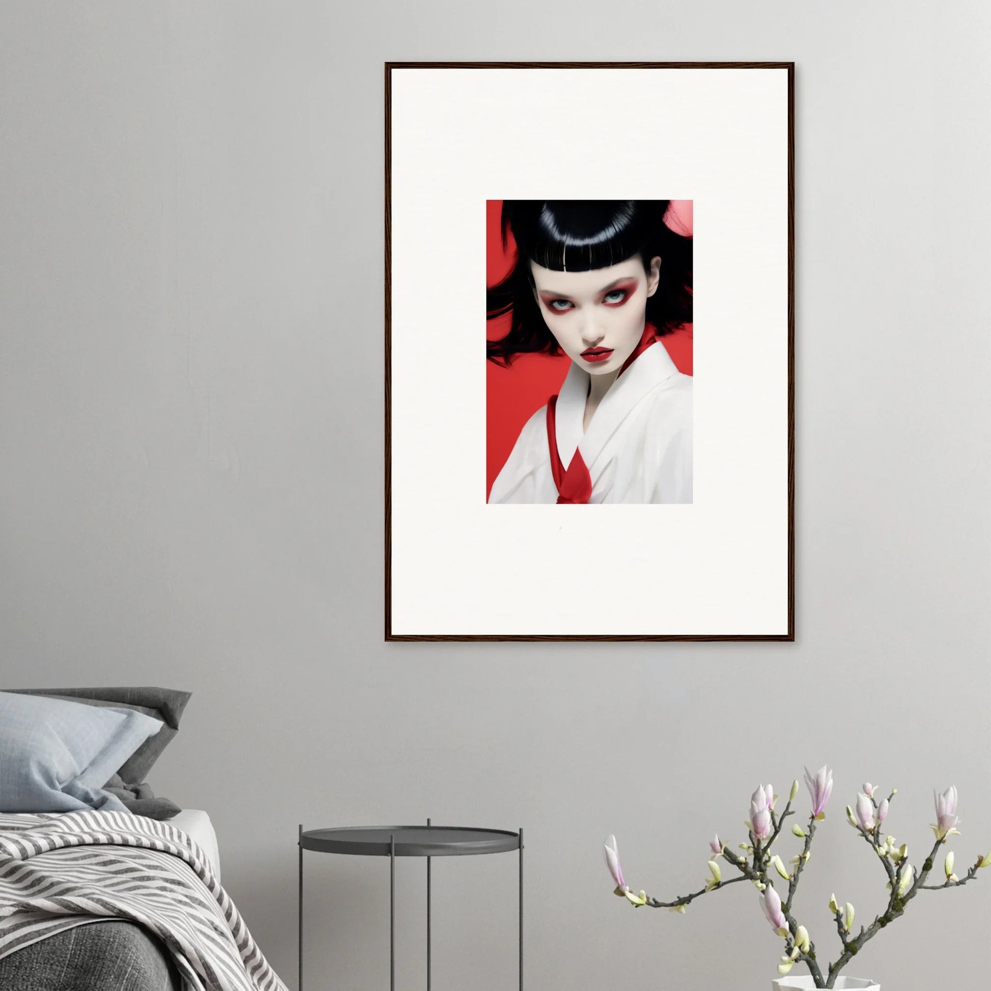 Framed canvas print of a woman in dramatic red and white makeup for stylish room decoration