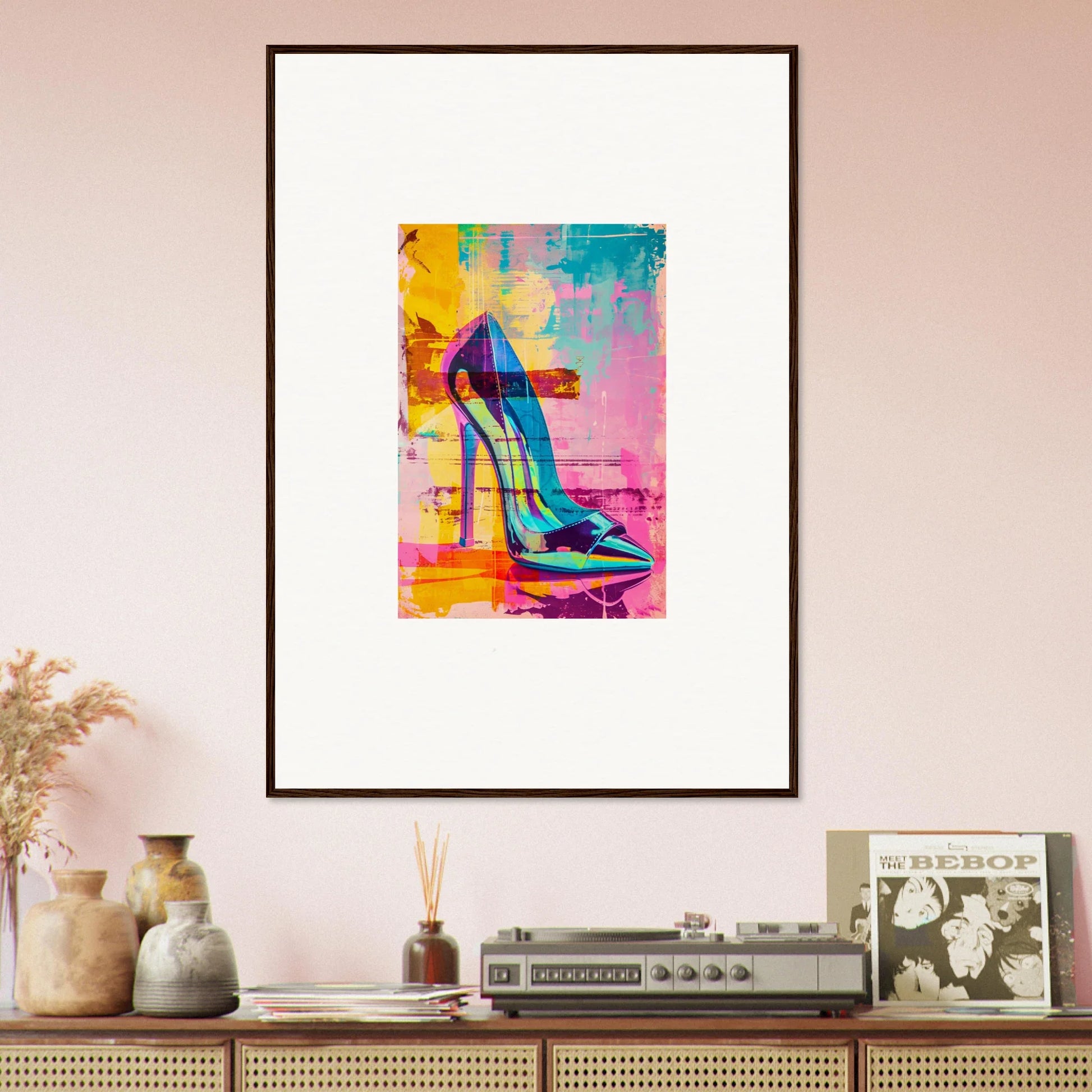 Colorful abstract painting of a high-heeled shoe for stylish room decor, Noir Reverie