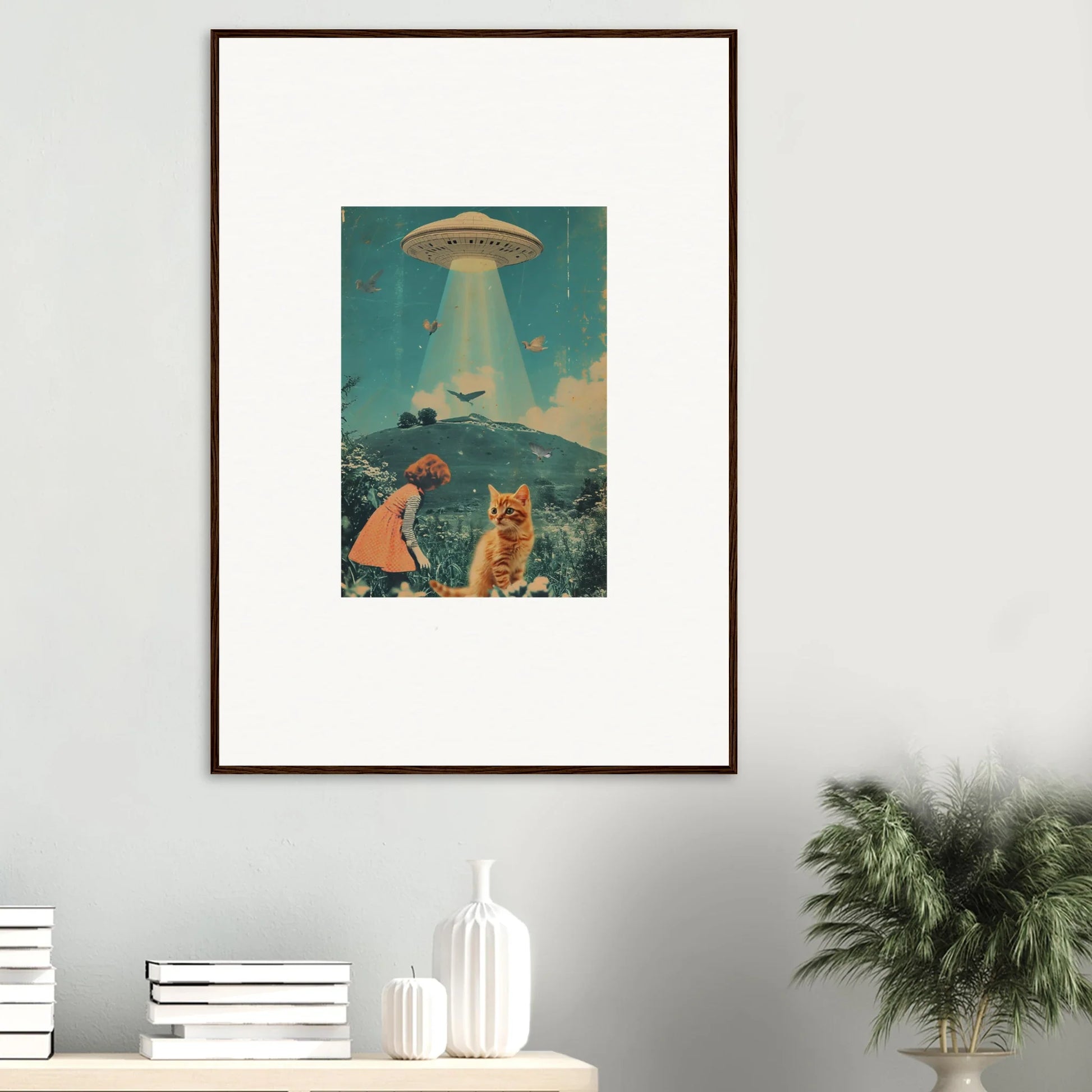 Framed canvas print of cats watching a UFO in Soulful Voyaging Moonflex style