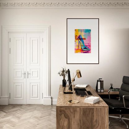 Stylish home office with wooden desk and framed wall art, Stiletto Noir Reverie