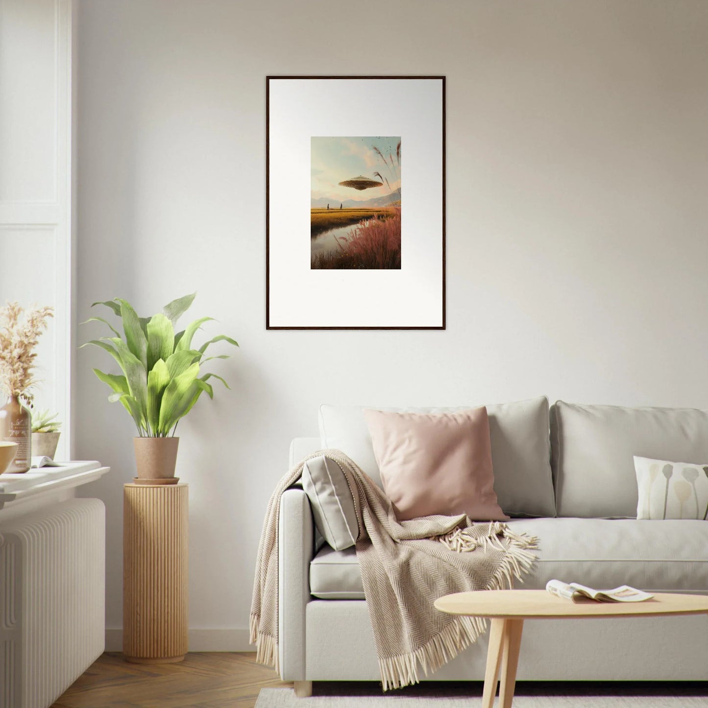 Framed wall art of a UFO over water at sunset for unique Room Decor with Meadow Raindancers