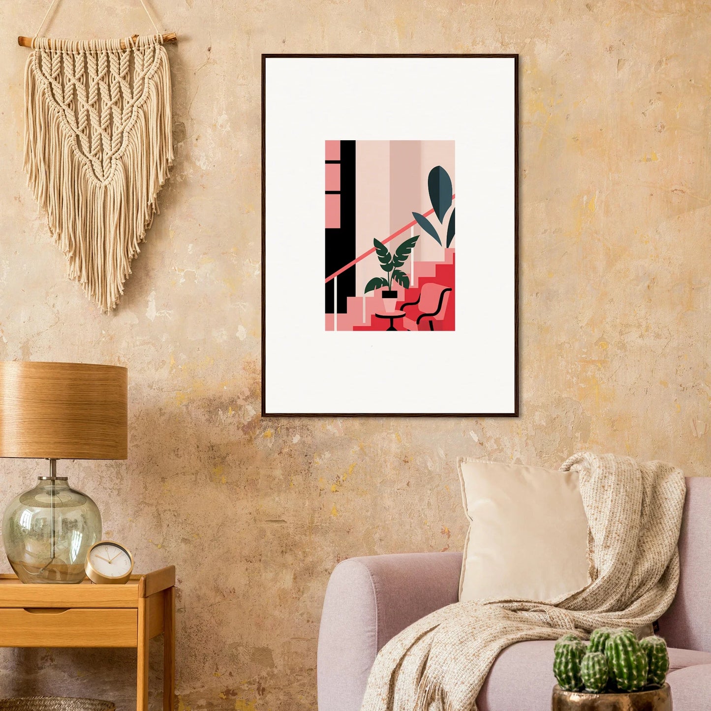 Framed canvas print of geometric shapes and a plant for stylish daydream expression room decoration