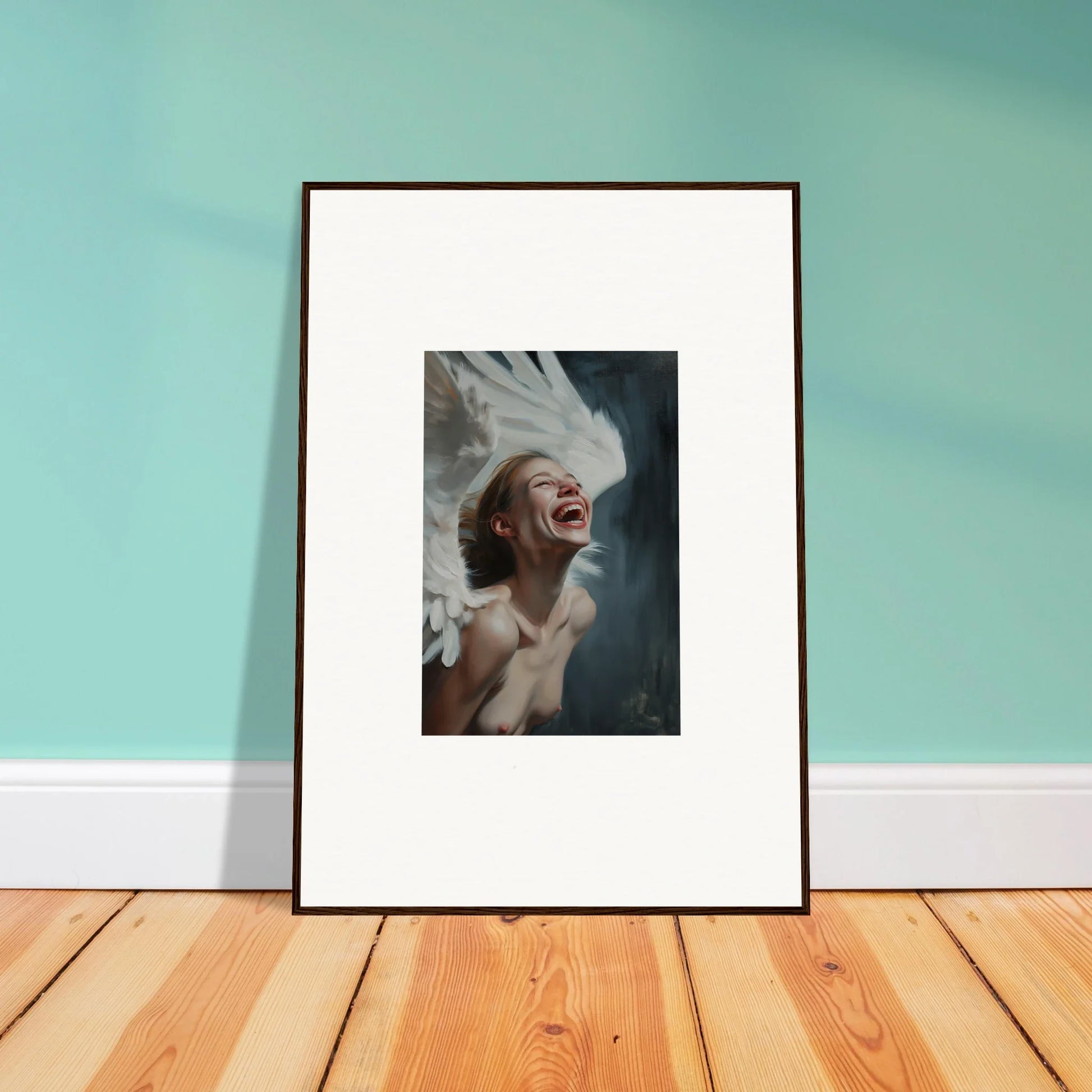 Framed photograph of a laughing person with windswept hair for ecstasy mosaic room decoration