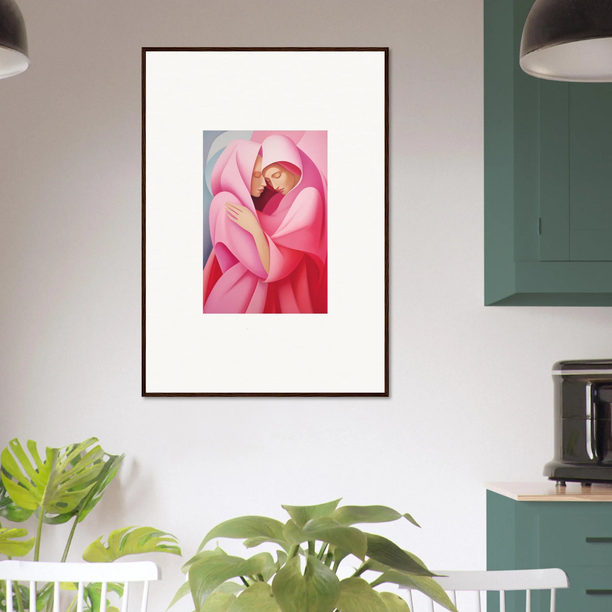 Framed verse tapestry showcasing a pink flower with a figure for unique room decoration