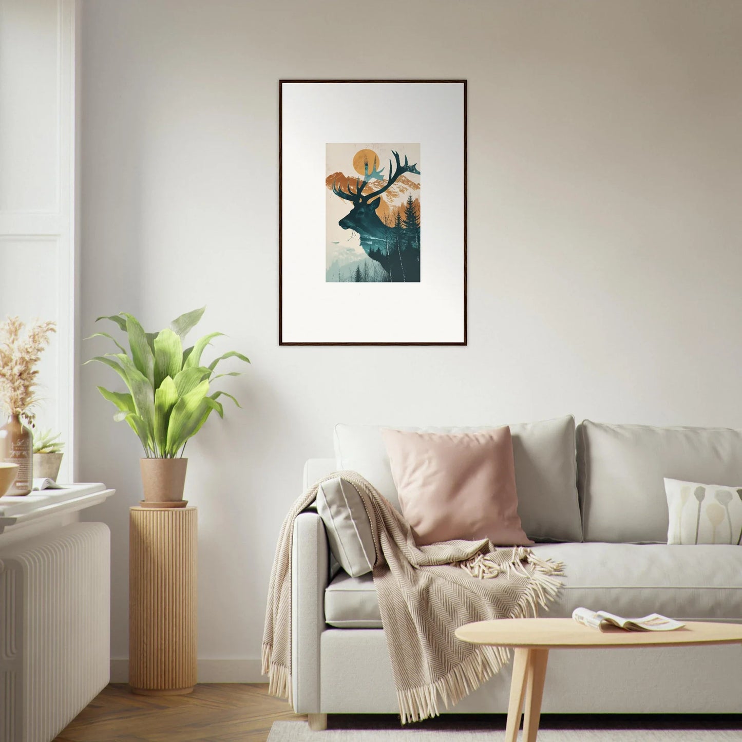 Framed deer silhouette with flowers, perfect for room decoration and Mirage Visions canvas print