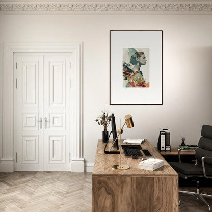 Elegant home office with a wooden desk and Reverie Blossom canvas print for room decoration