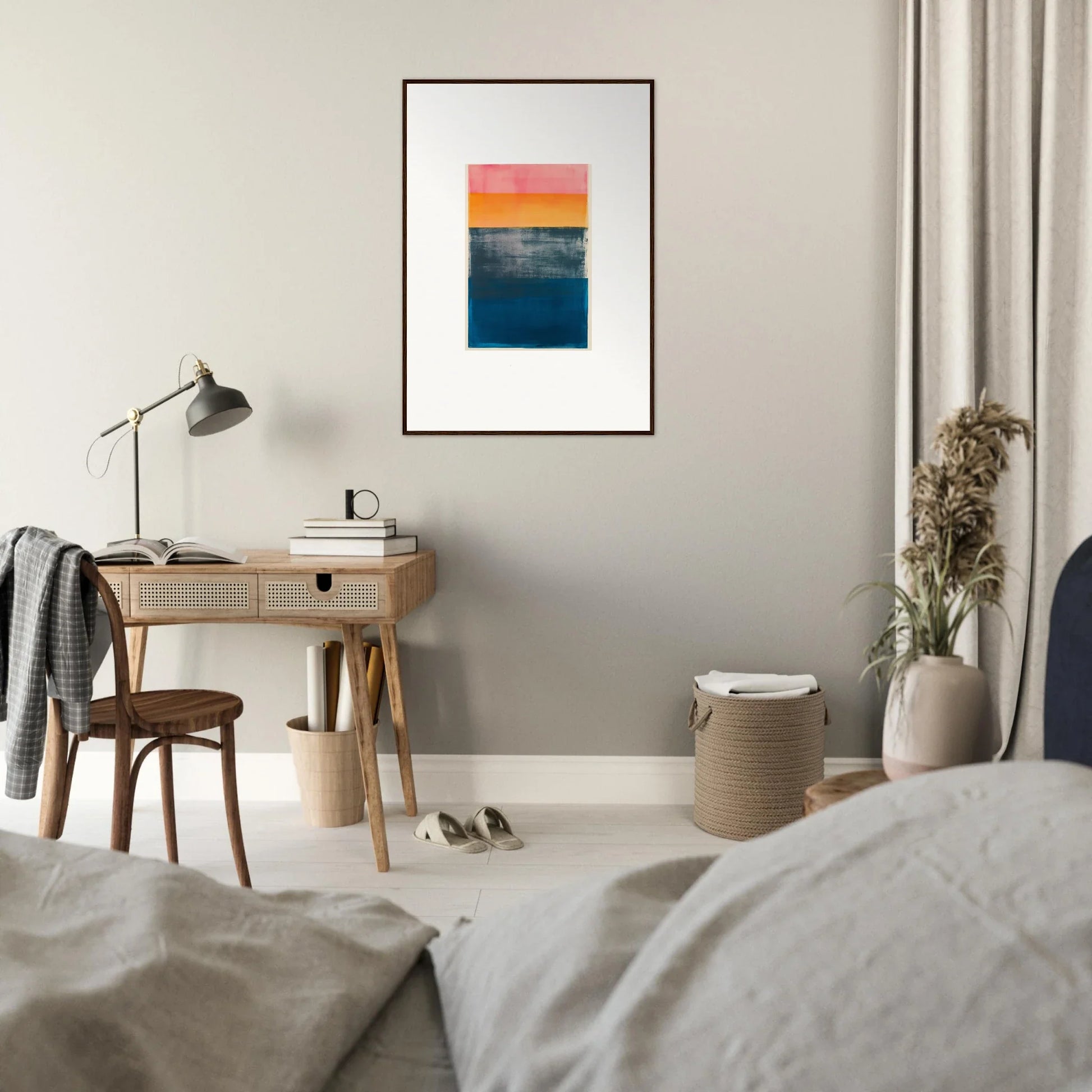 Abstract painting with orange, pink, and deep blue tones for room decoration canvas print