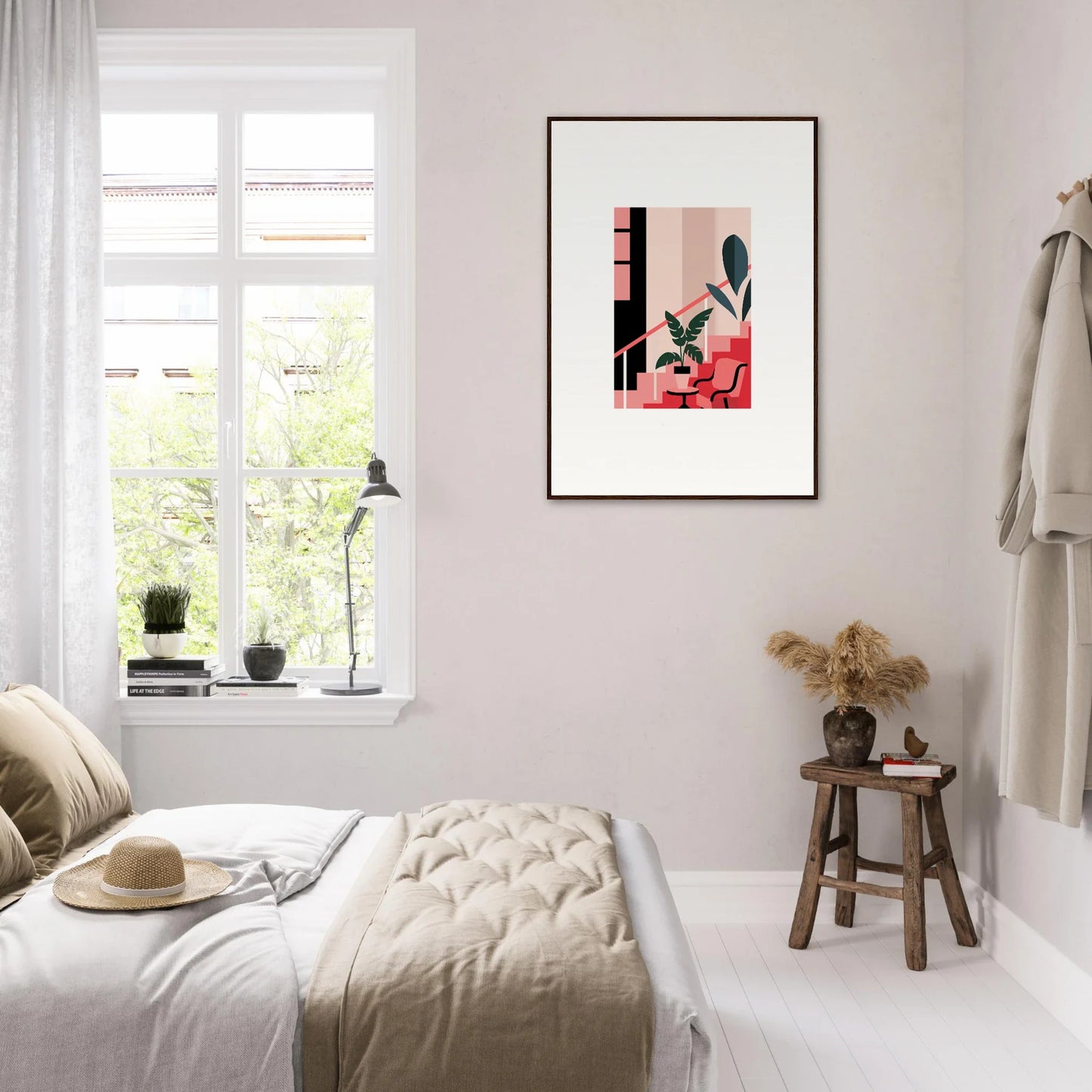 Cozy minimalist bedroom showcasing a calm daydream expression canvas print for room decoration