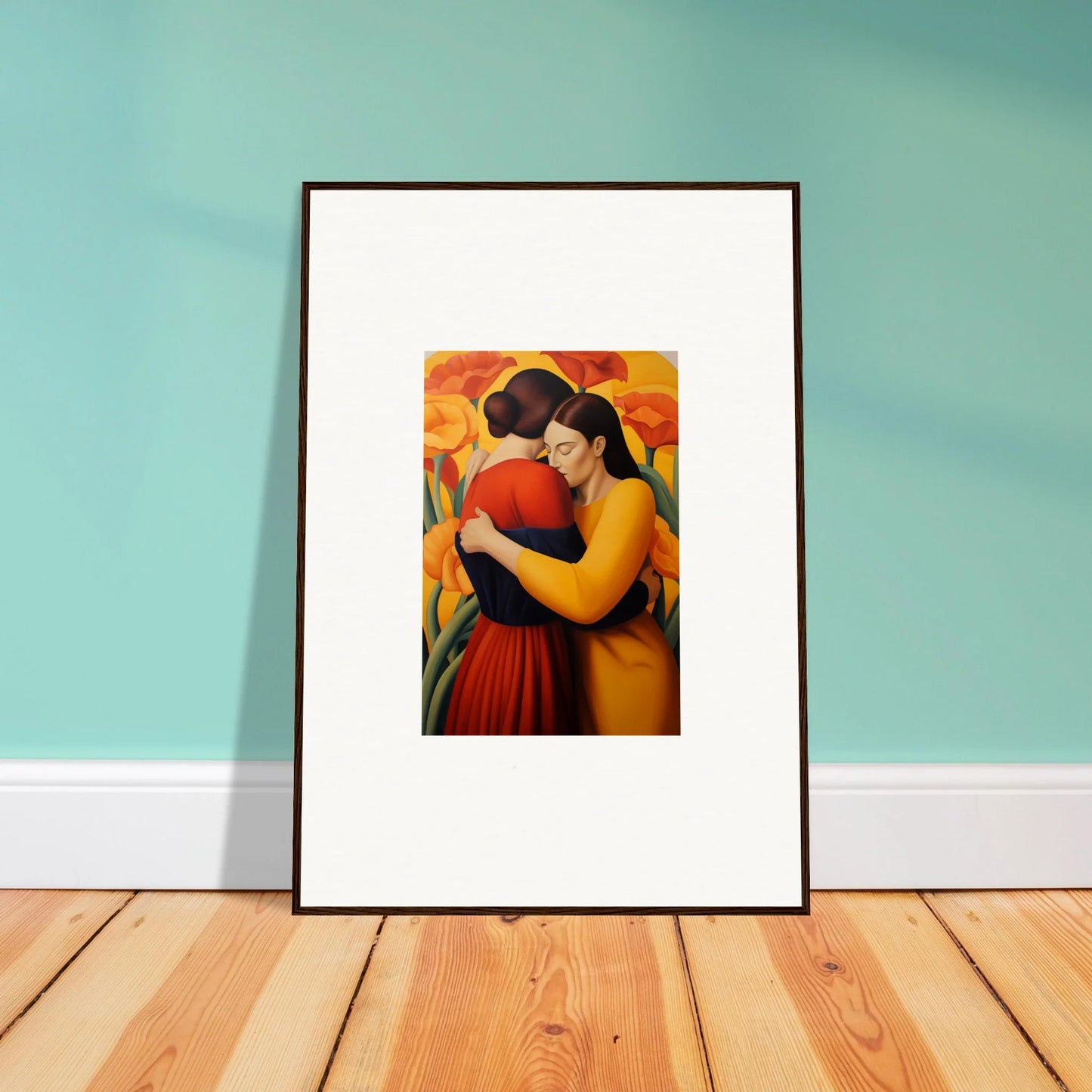 Framed canvas print of two embracing figures in floral fondness for room decoration