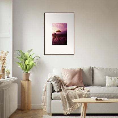 Framed canvas print of Violet Dreaming sunset landscape with UFO over trees