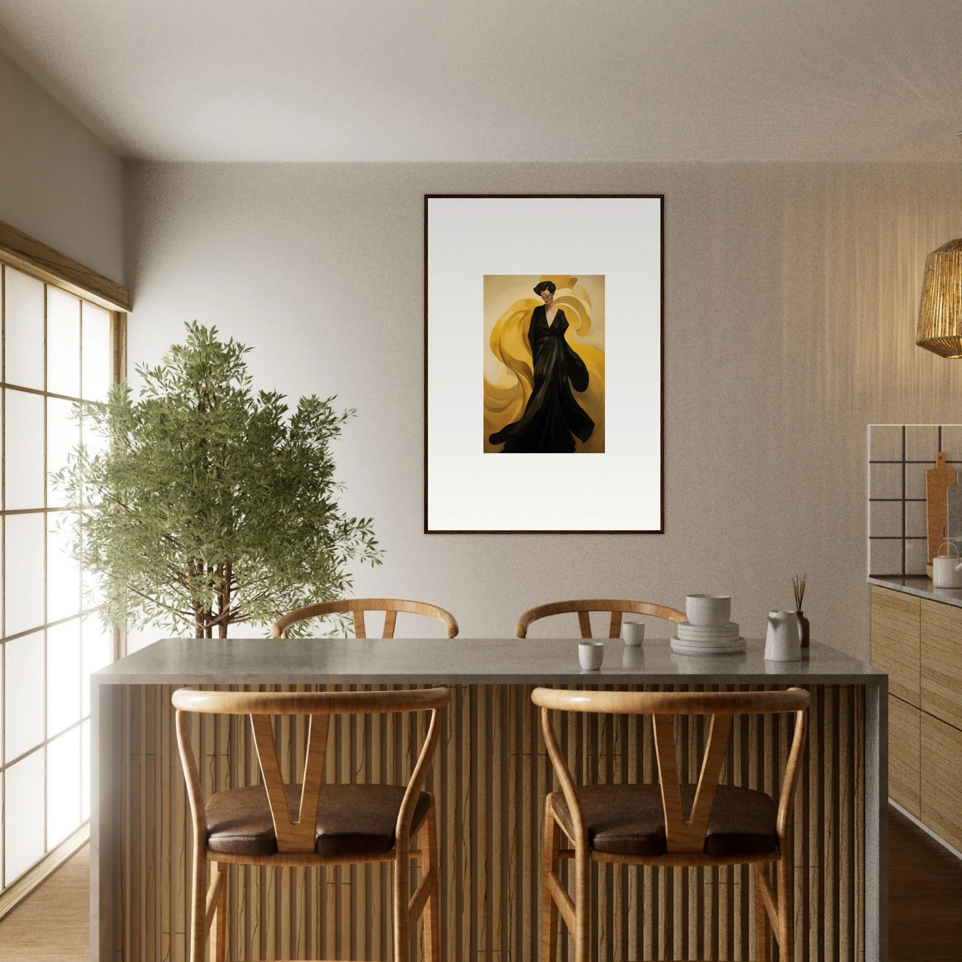 Stylish dining area with a table, chairs, and sun waves canvas print for room decoration