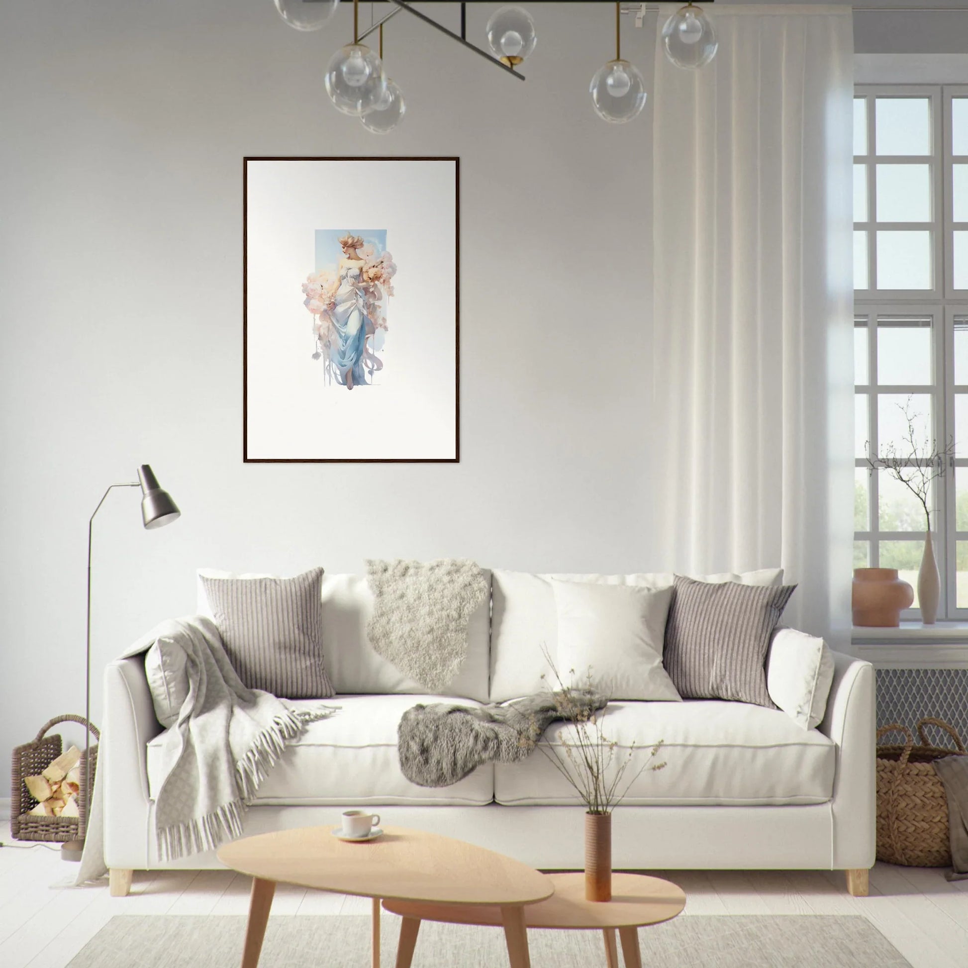 Cozy white sofa with throw pillows for a stylish room decoration with bouquet waltz vibes