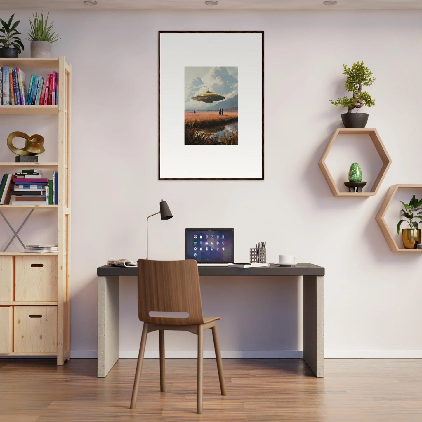 Cozy workspace with a desk, chair, and decorative wall shelves featuring Drifting Suns canvas print