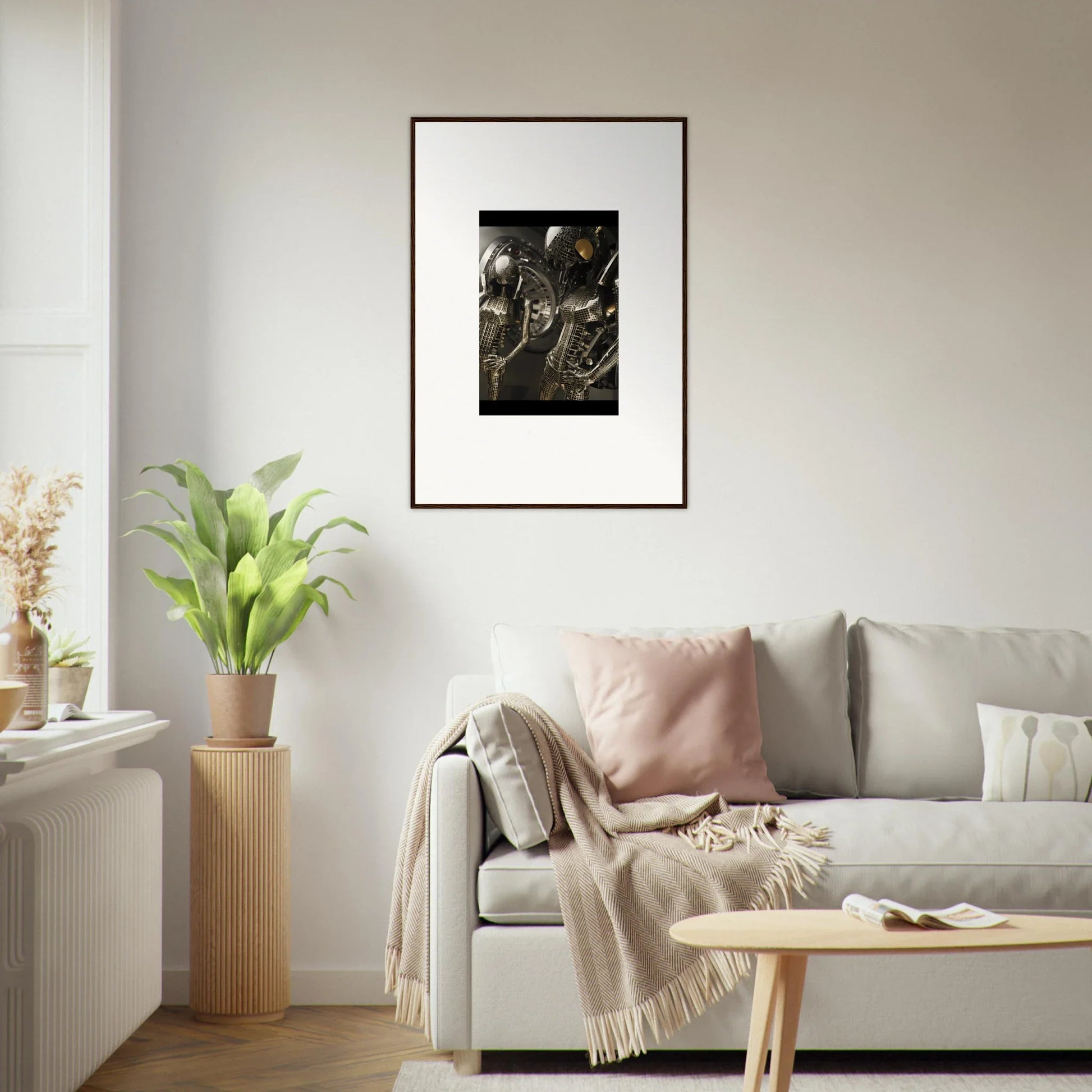 Framed black and white canvas print of dramatic figures, perfect for room decoration