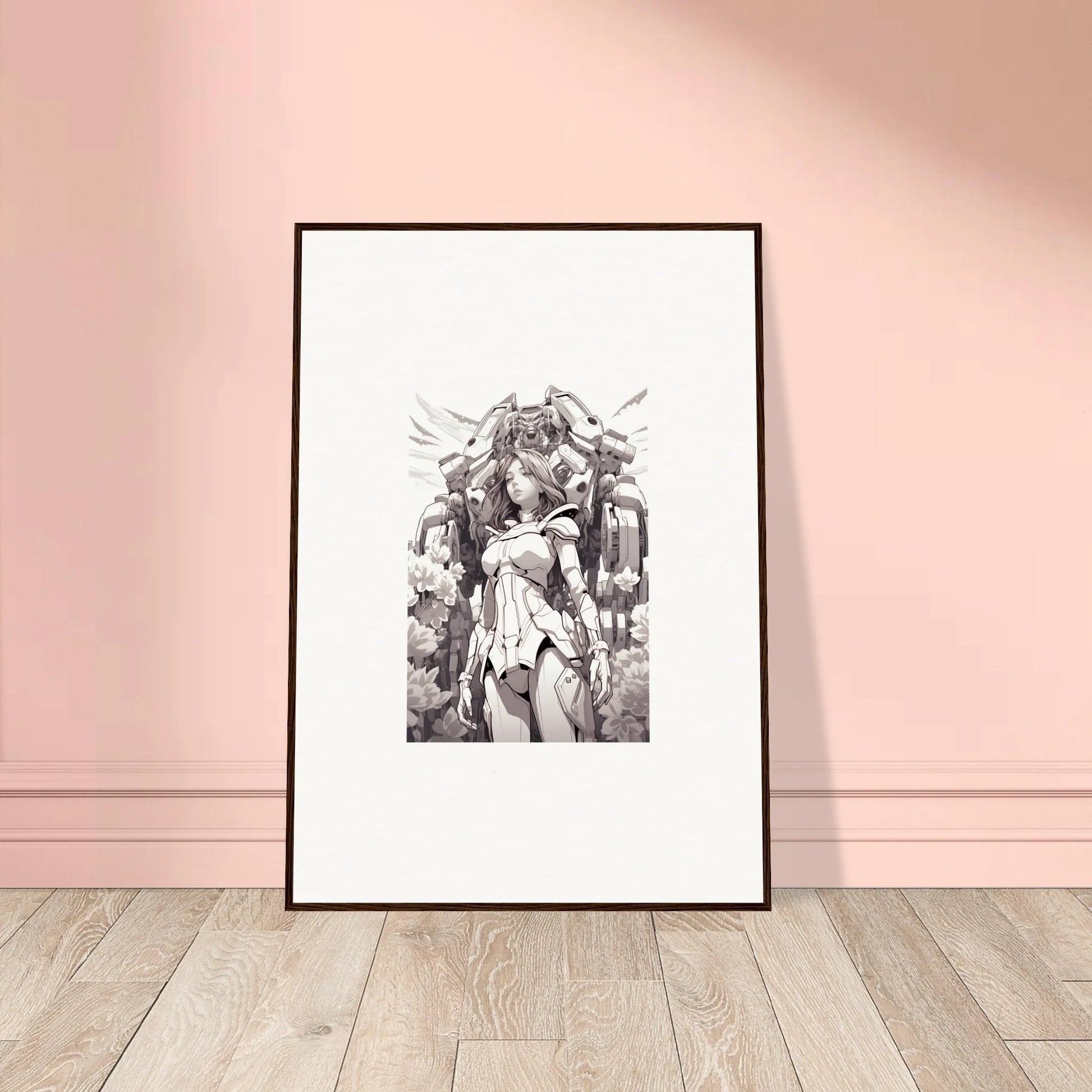 Framed black and white canvas print of a dynamic female superhero for room decoration