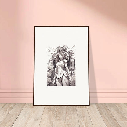 Framed black and white canvas print of a dynamic female superhero for room decoration