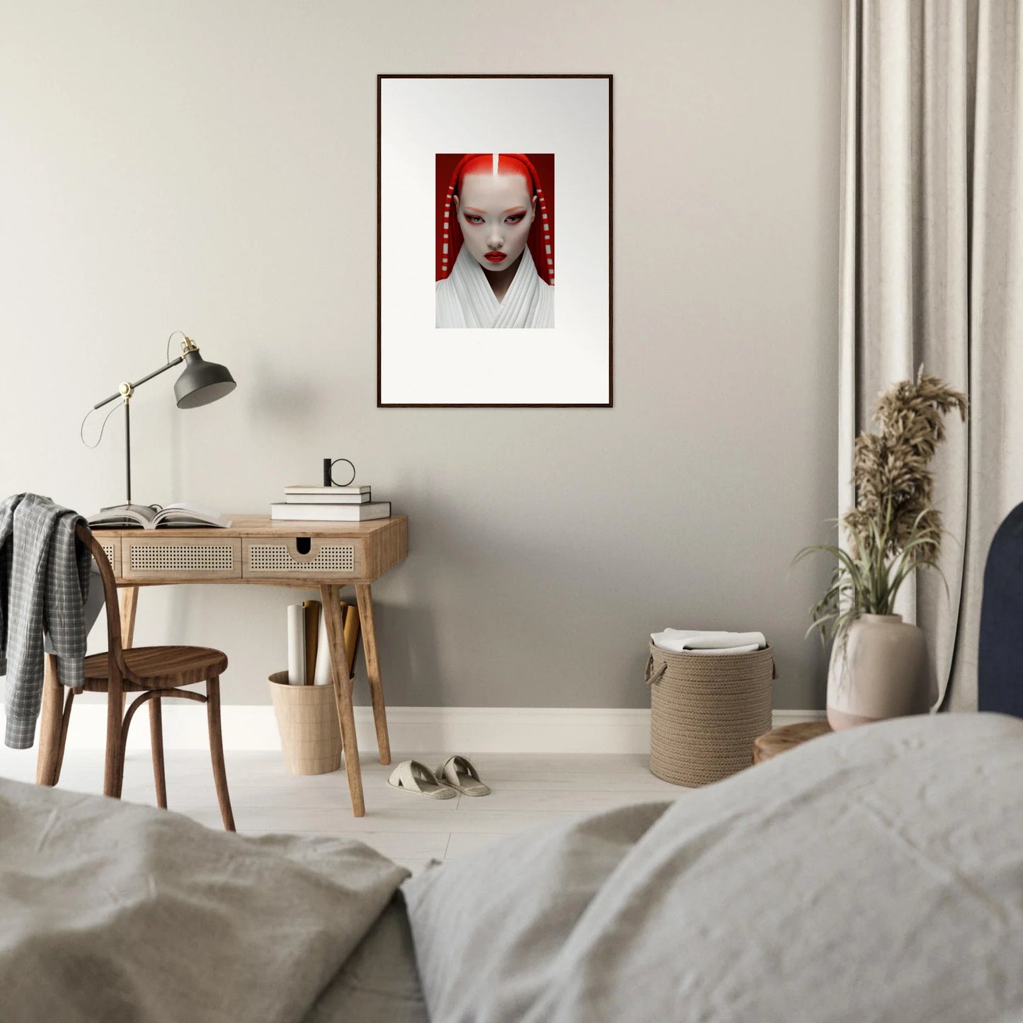 Framed portrait of a person with white makeup and red braids for Pome Artcard Whisper