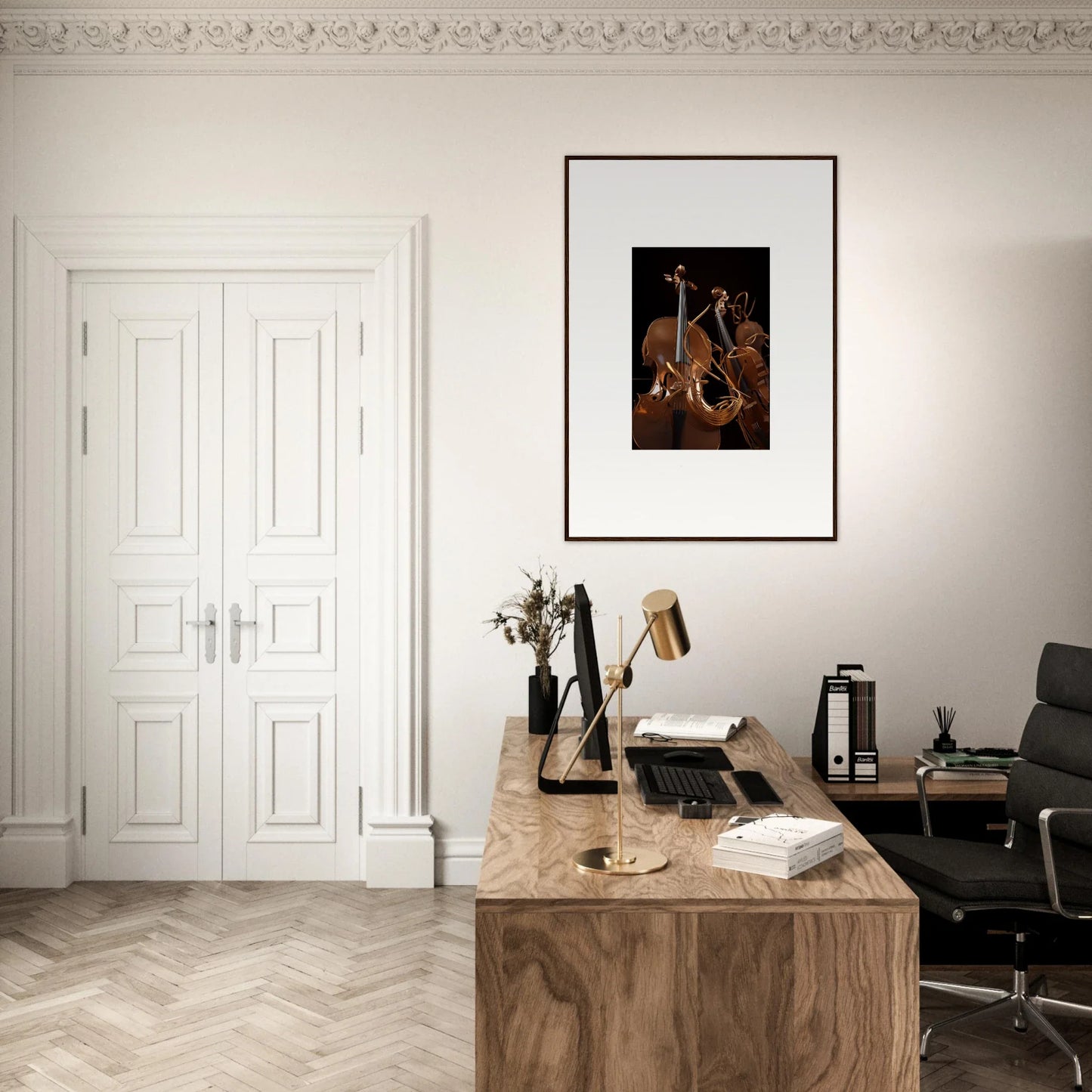 Wooden desk with a typewriter and books, perfect for Strings Opera room decoration