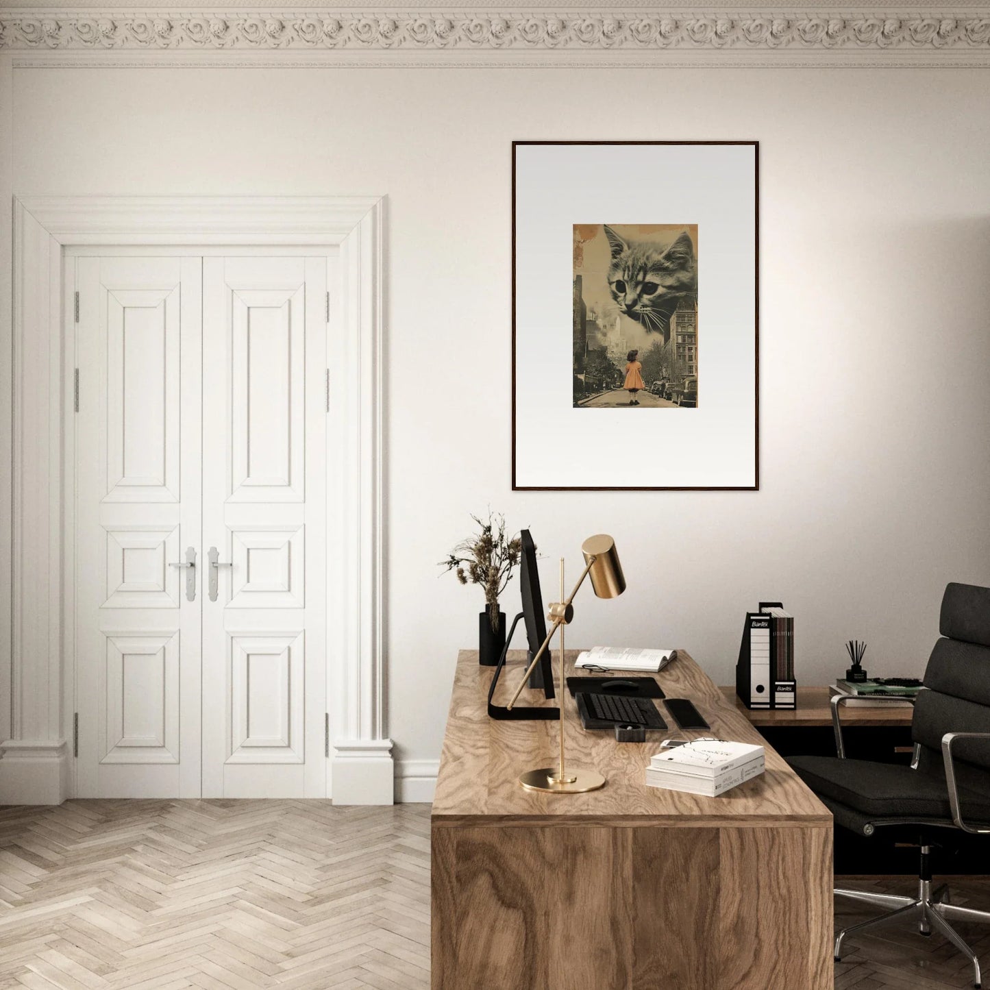 Wooden desk with a typewriter and office accessories for stylish room decoration