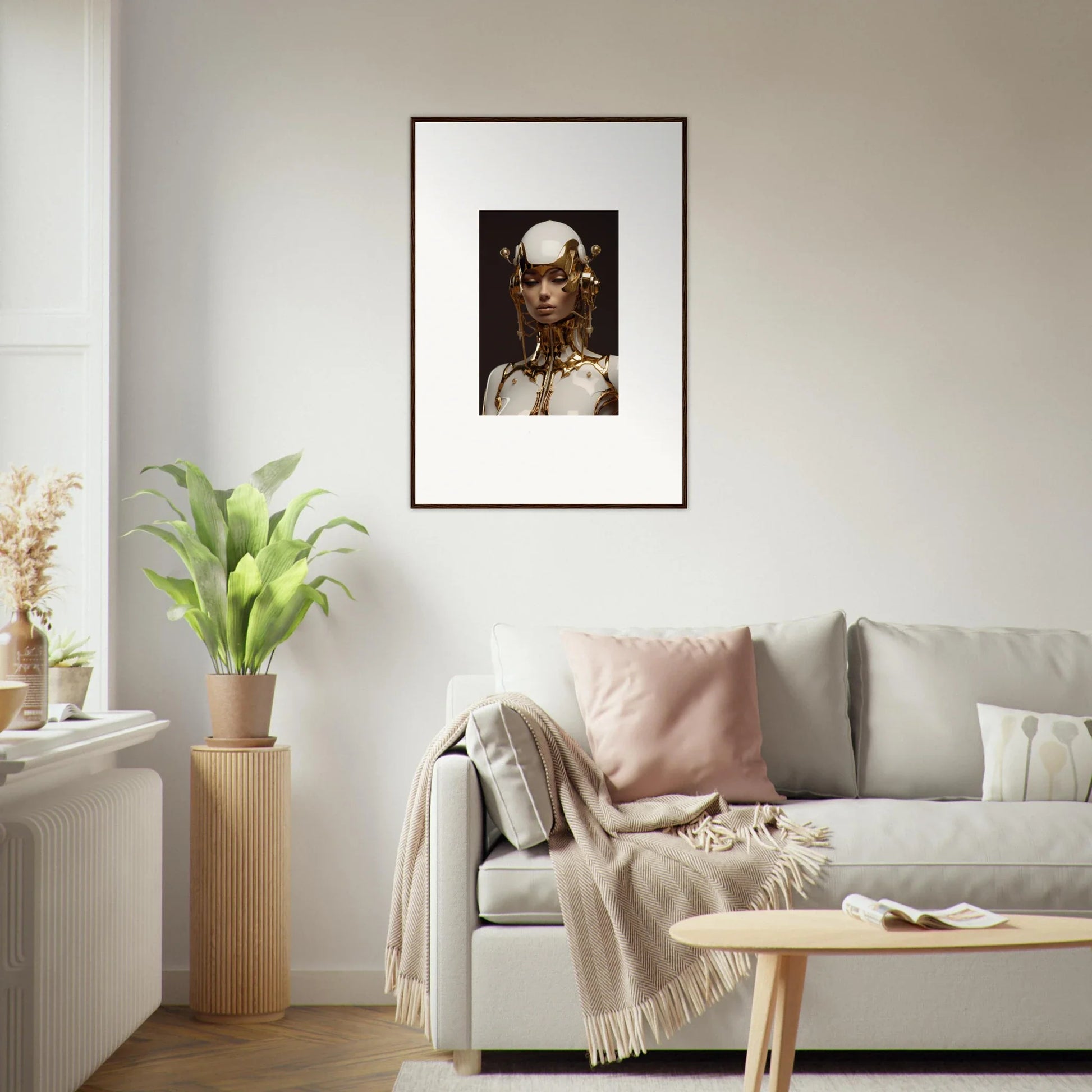 Framed portrait of a metallic humanoid with jewelry, perfect for room decoration or wall art