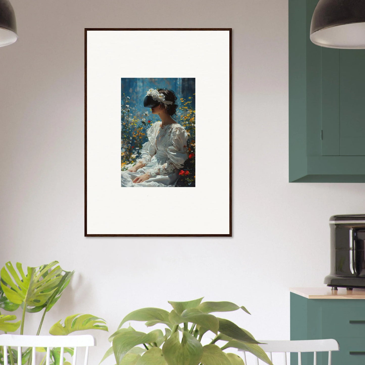 Framed canvas print of a woman in a white dress, perfect for bloom reverie room decoration