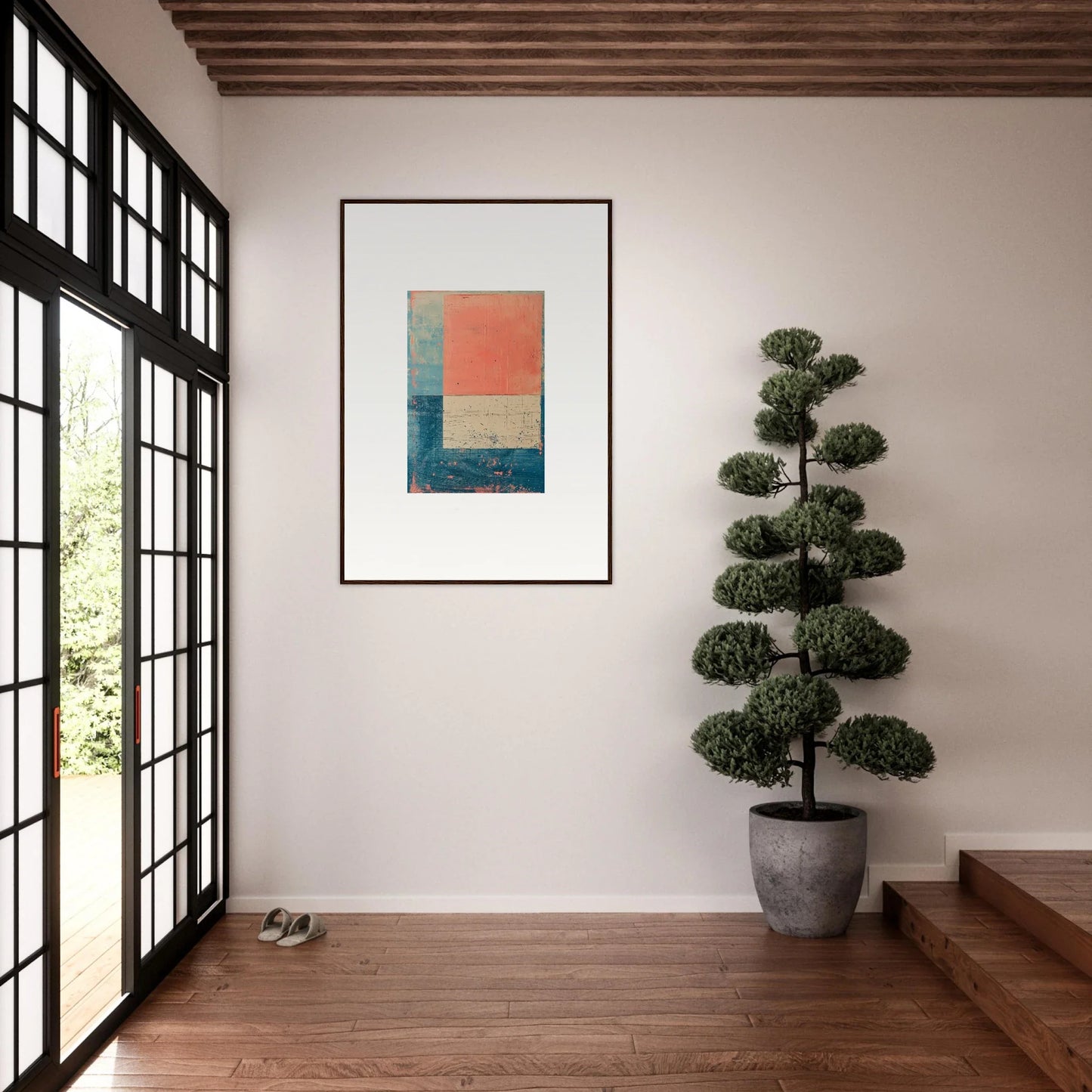 Framed abstract geometric canvas print in blue, peach, and teal for trendy room decoration