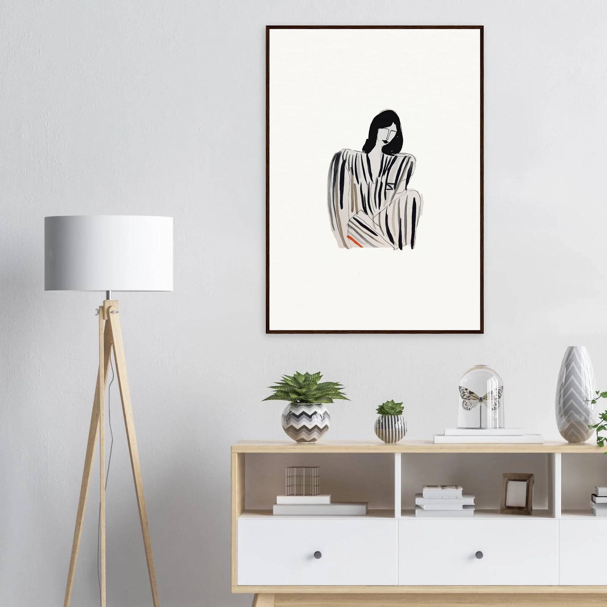 Framed minimalist canvas print of a woman in Striped Whispers Formals for room decoration