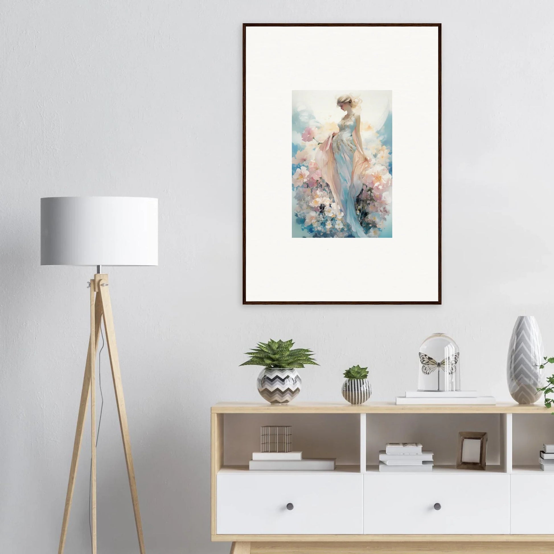 Framed watercolor painting of a dreamy female figure for room decoration canvas print