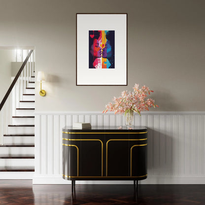 Elegant black and gold sideboard with curved edges under a vibrant Heartwave Reflection canvas print