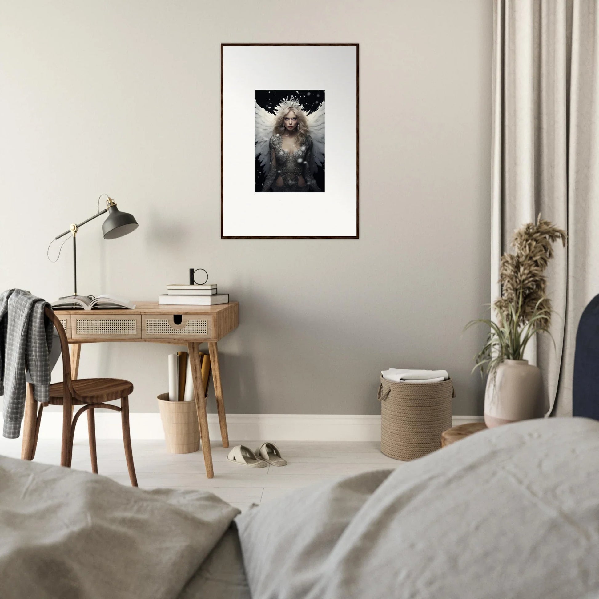 Framed canvas print of a wet, fluffy dog for unique room decoration and feathery specter vibes