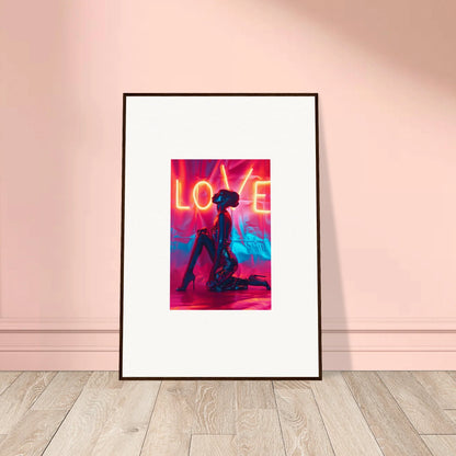 Framed wall art with a silhouetted figure and neon LOVE, perfect for room decoration