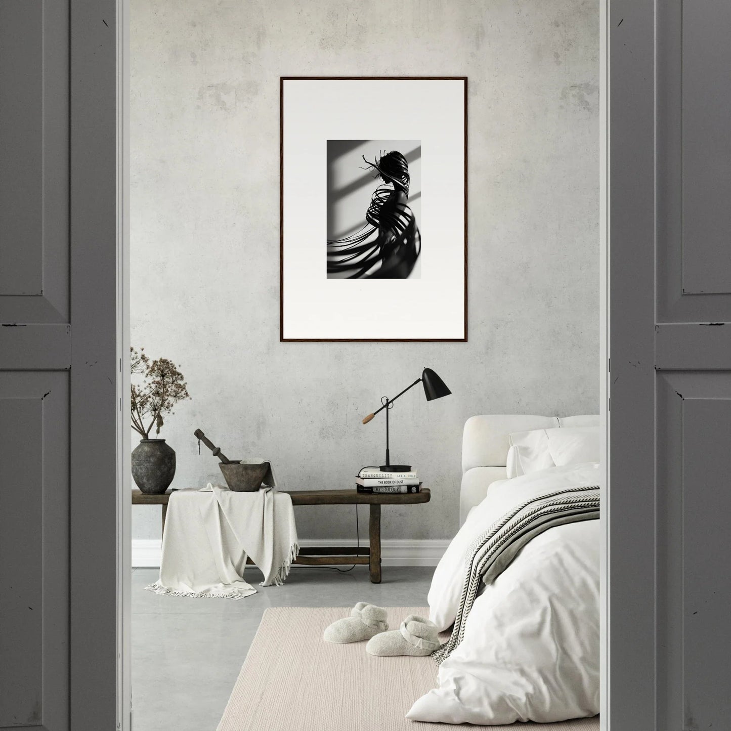 Framed black and white photograph of a silhouetted figure, perfect for room decoration