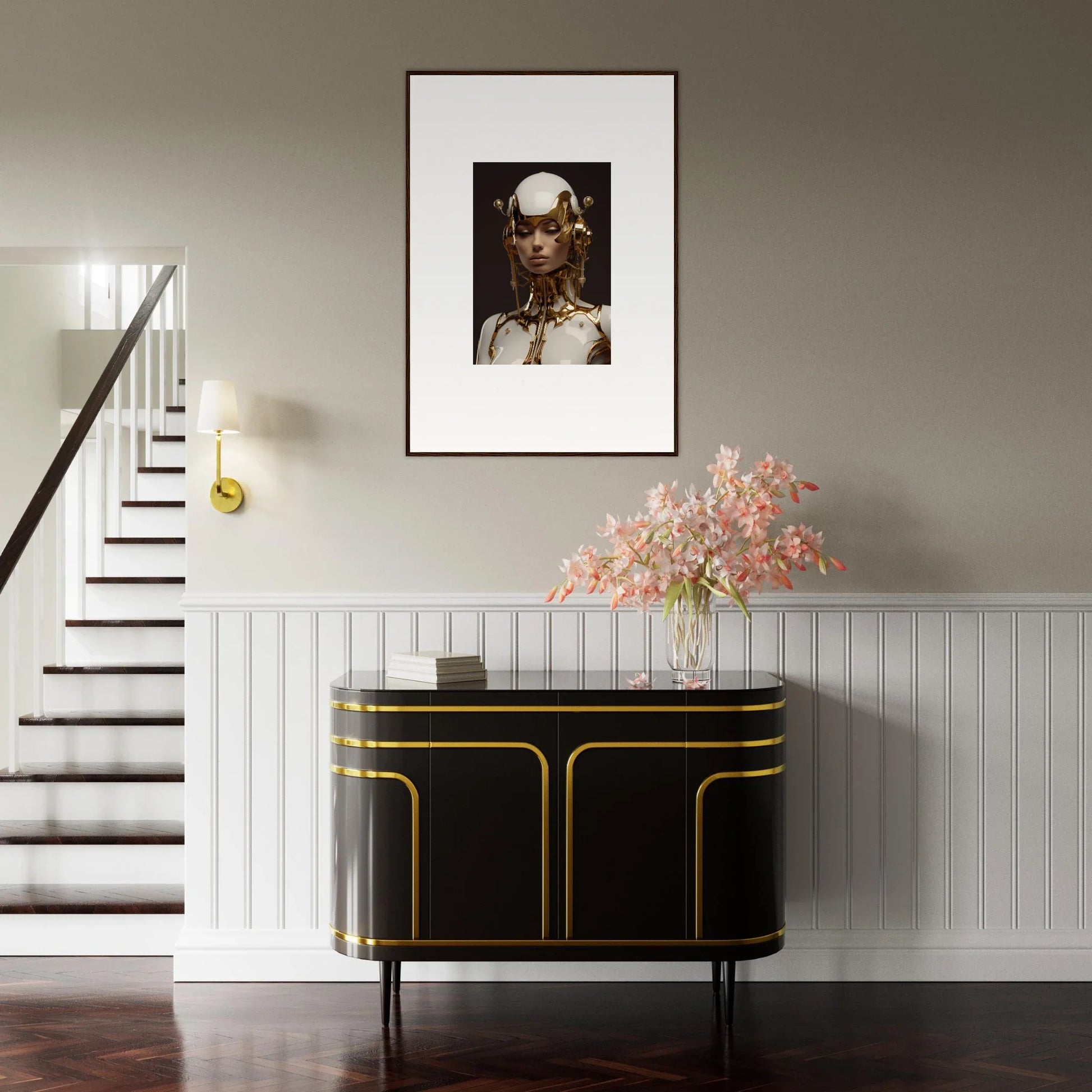 Elegant black and gold console table perfect for stylish room decoration or wall art display