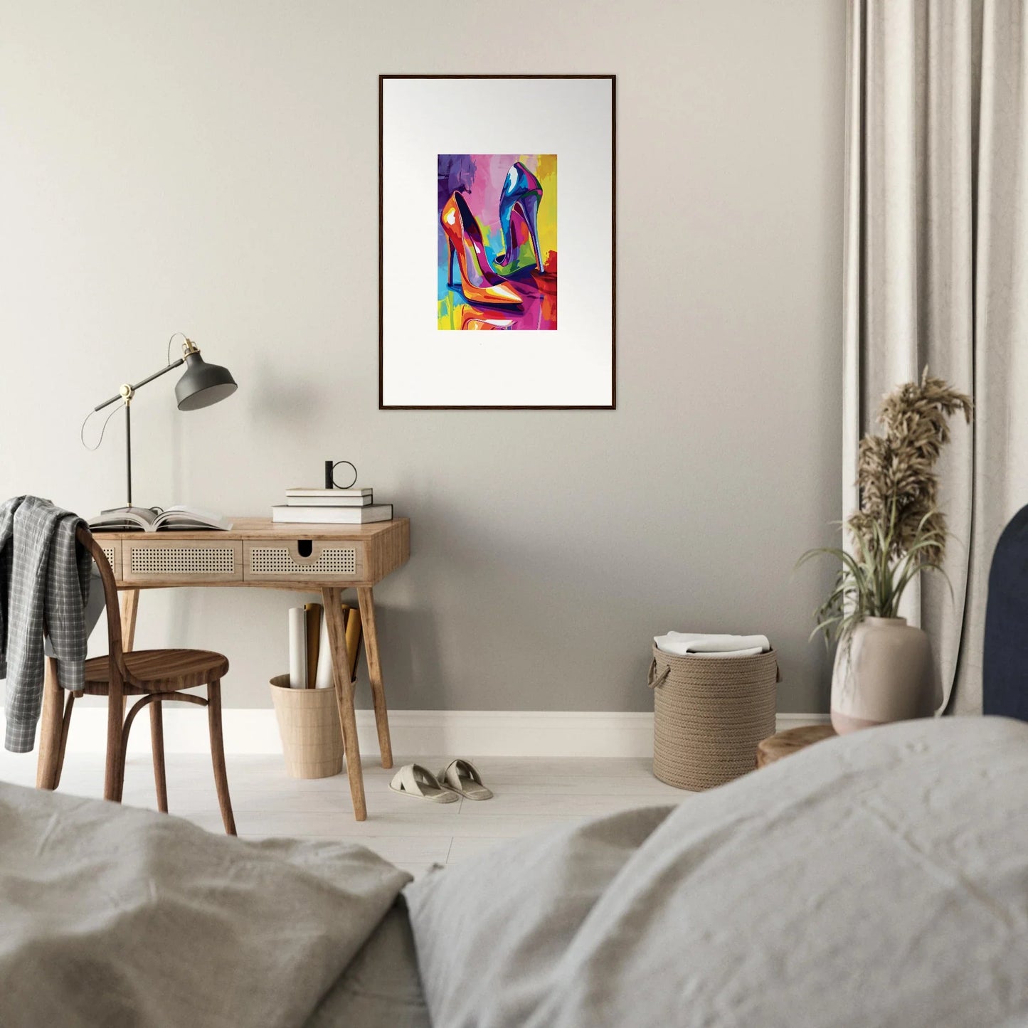 Colorful abstract painting of high-heeled shoes as wall art for trendy room decoration