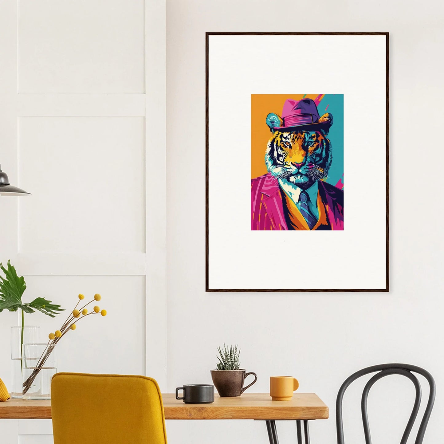 Colorful pop art tiger in suit and hat, perfect for your combo renaissance room decoration