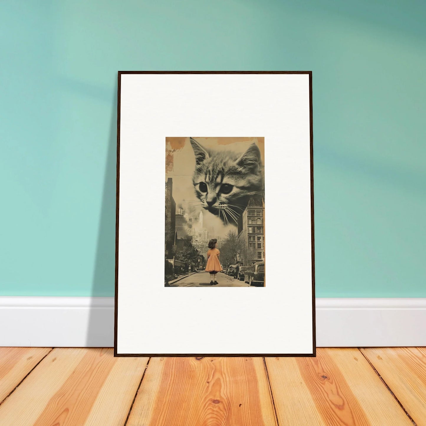 Framed canvas print of a giant cat over a city street, perfect for fun room decoration